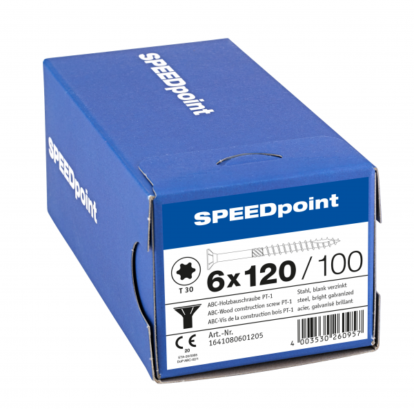 SPEEDpoint Senkkopfschraube 6x120mm T-STAR T30 Teilgew. blank verz. 100 Stück, 1641080601205