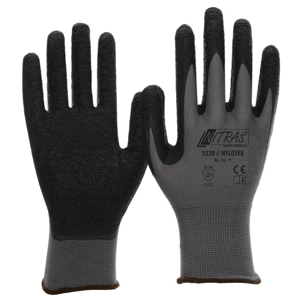 Nitras Nylotex Handschuhe grau, Latex-Besch. schwarz 3520