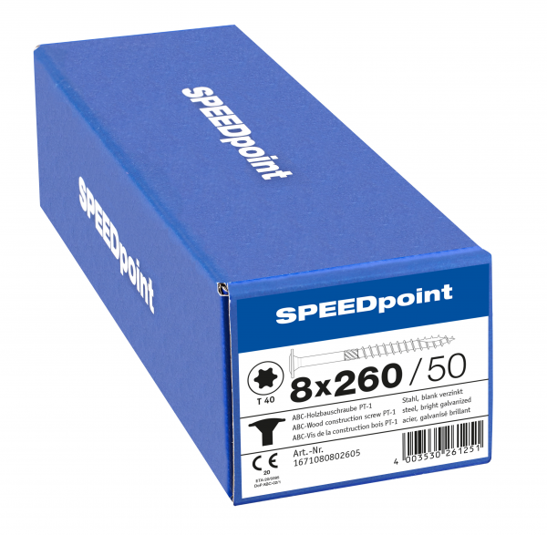SPEEDpoint Tellerkopfschraube 8x260mm T-STAR T40 Teilgew. blank verz. 50 Stück, 1671080802605