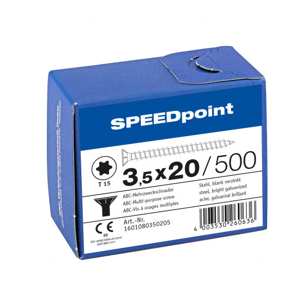 SPEEDpoint Senkkopfschraube 3,5x20mm T-Star T15 Vollgew. blank verz. 500 Stück, 1601080350205