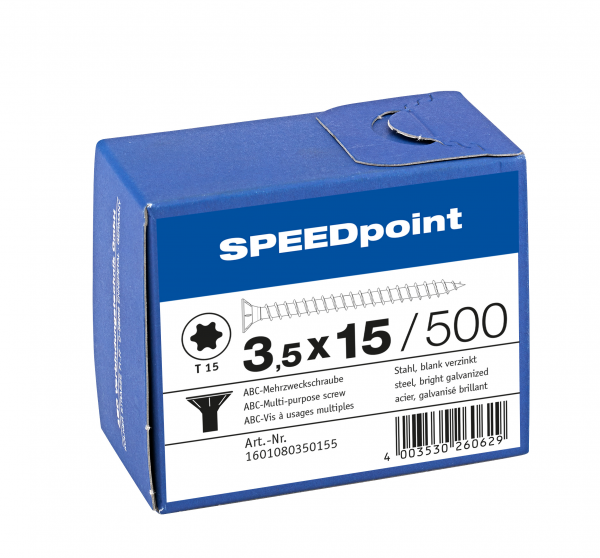 SPEEDpoint Senkkopfschraube 3,5x15mm T-Star T15 Vollgew. blank verz. 500 Stück, 1601080350155